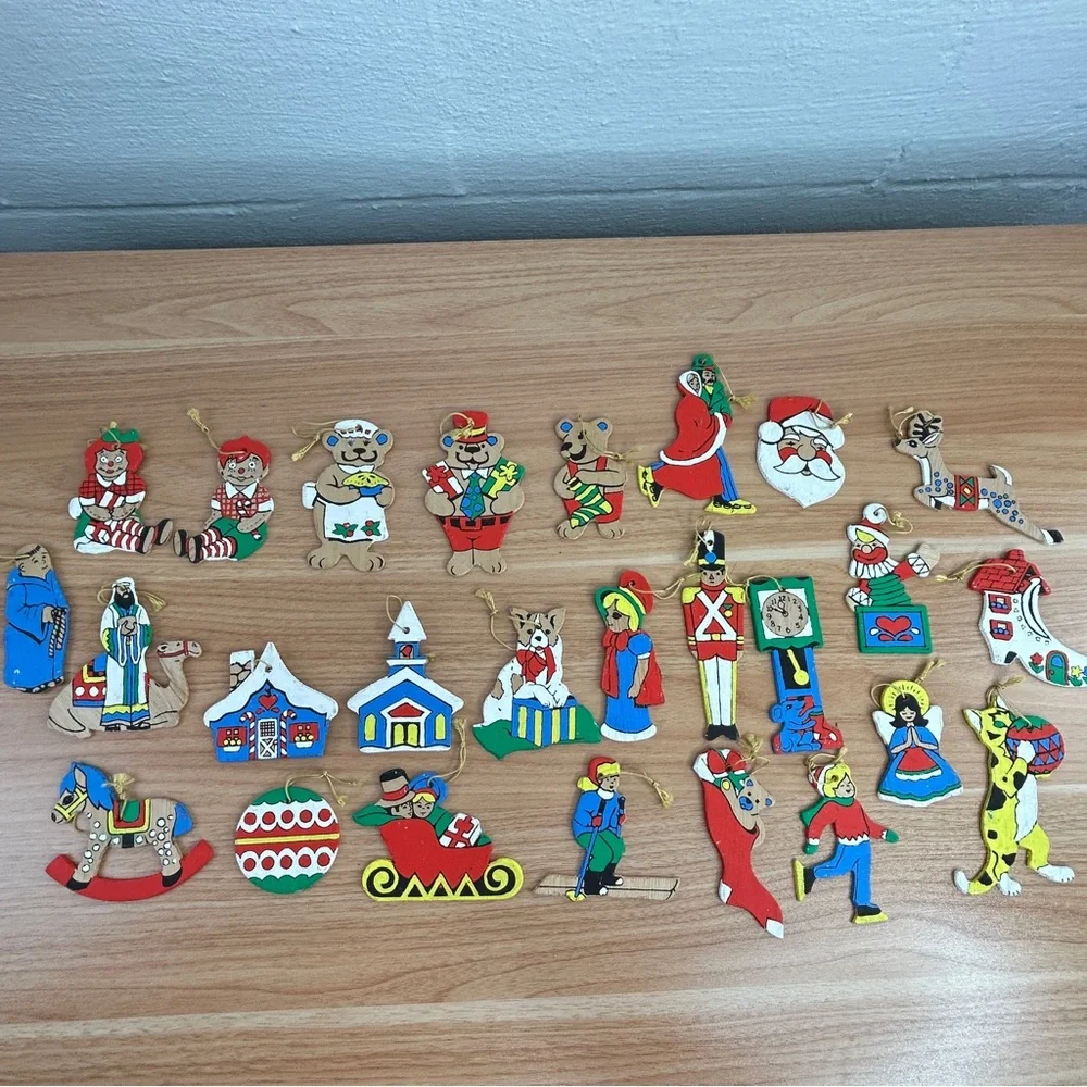 Lot Of 26 Vintage Wooden Christmas Ornaments Hand Painted Double Sided